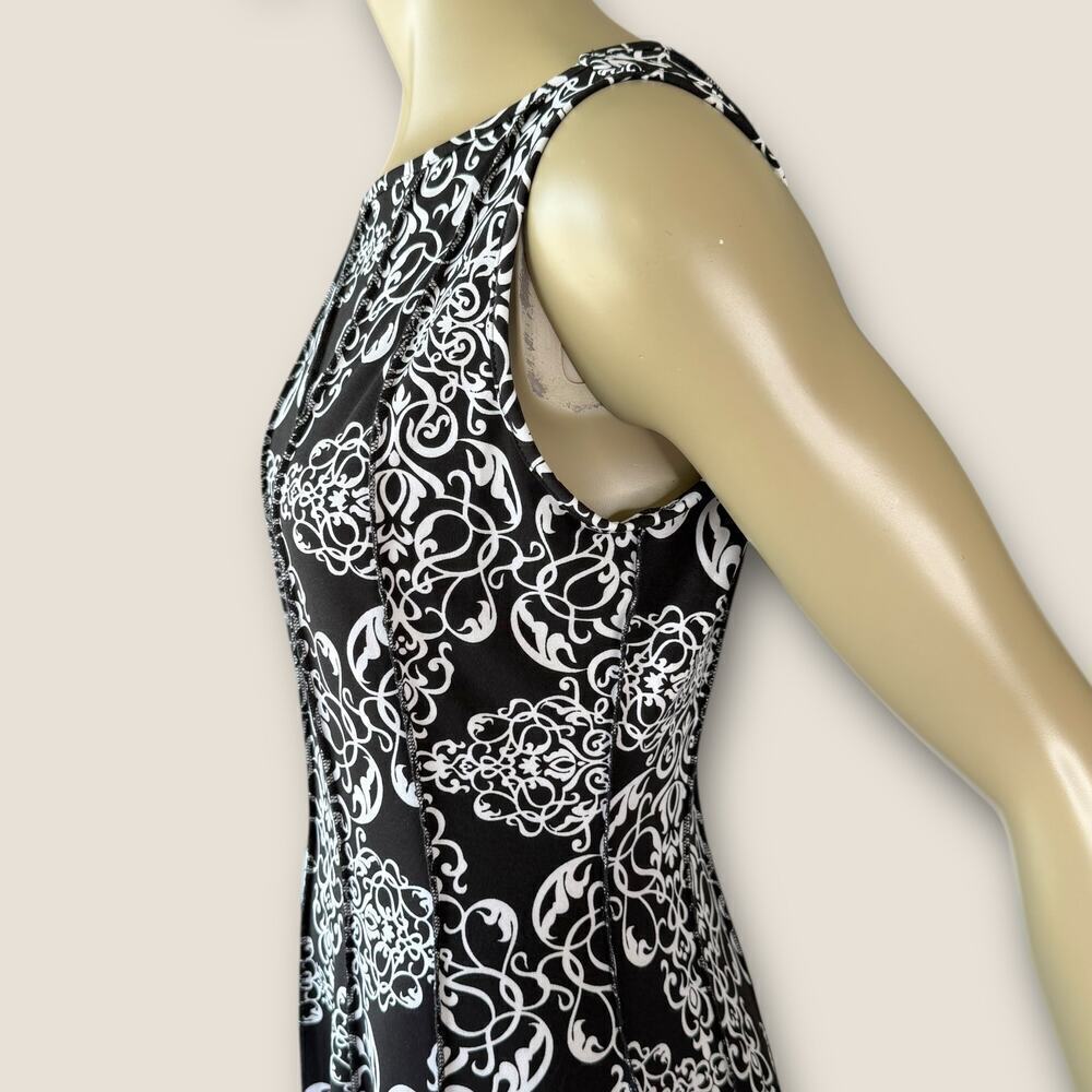 HAANI Floral Sleeveless Fit Flare Dress Jersey Stretchy Petite L Black & White - Picture 8 of 13